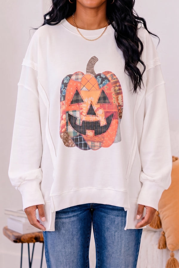 Chic Soul plus size clothing, ivory  crewneck sweatshirt with patchwork pumpkin graphic