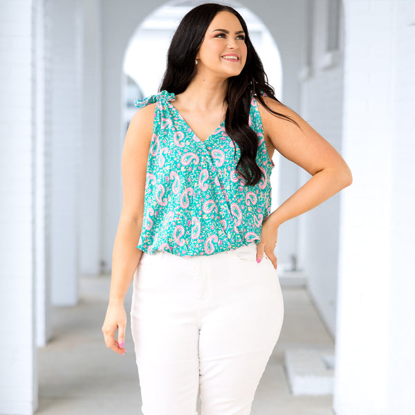Plus Size teal and magenta paisley print sleeveless top with shoulder ties and a v-neckline.