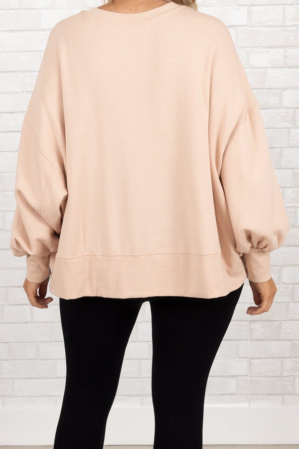 Chic Soul plus size clothing, dusty blush comfy pullover with bubble sleeves