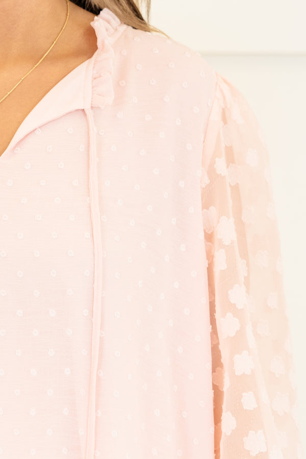 Chic Soul plus size clothing, long-sleeve split-v-neckline soft pink top with tassels and sheer floral sleeves 