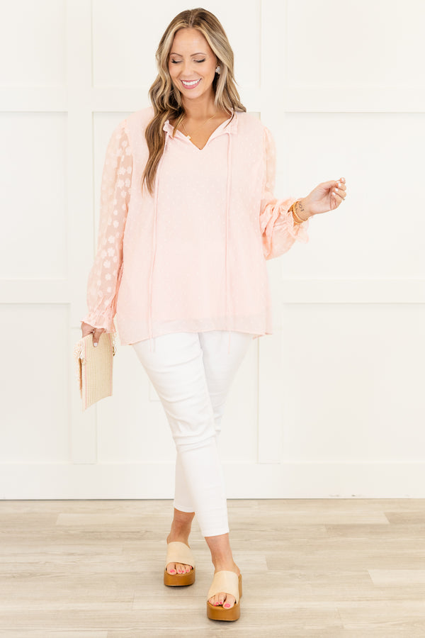 Chic Soul plus size clothing, long-sleeve split-v-neckline soft pink top with tassels and sheer floral sleeves 