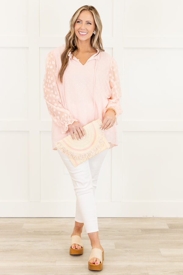 Chic Soul plus size clothing, long-sleeve split-v-neckline soft pink top with tassels and sheer floral sleeves 