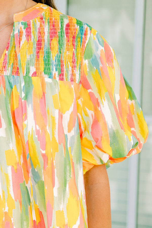 Chic Soul Plus size clothing, pink watercolor top with bubble sleeves an a textured neckline