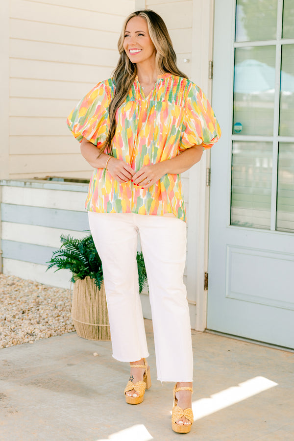 Chic Soul Plus size clothing, pink watercolor top with bubble sleeves an a textured neckline