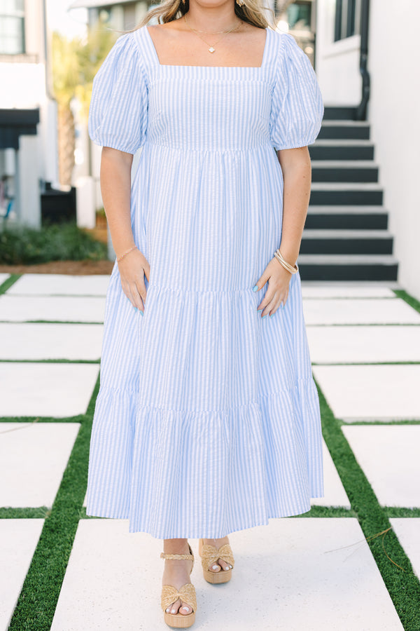 Chic Soul plus size clothing, blue striped maxi dress with bubble sleeves and a square neckline 
