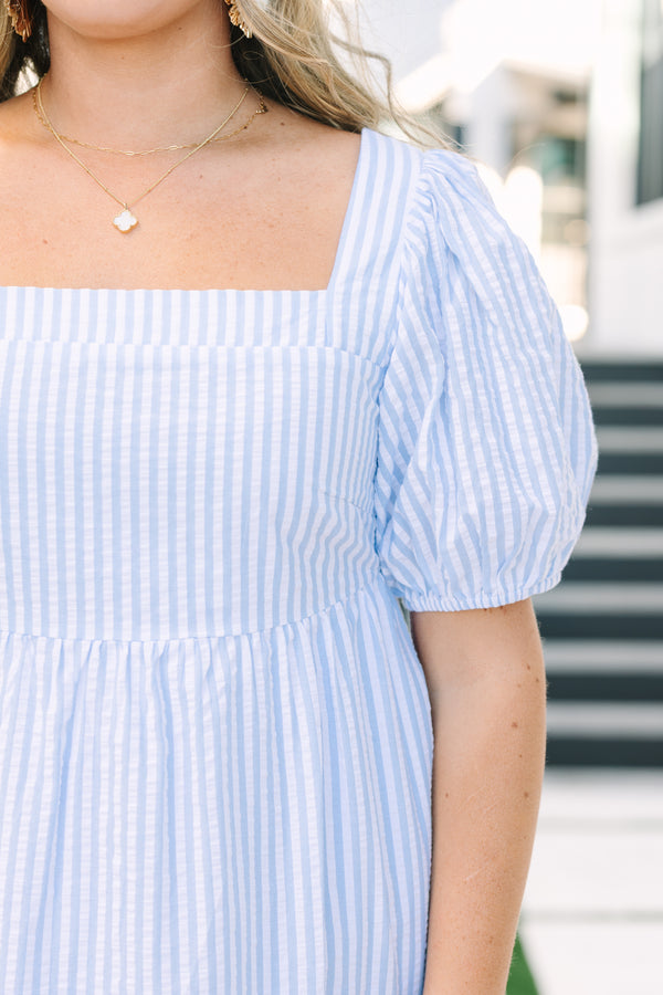 Chic Soul plus size clothing, blue striped maxi dress with bubble sleeves and a square neckline 
