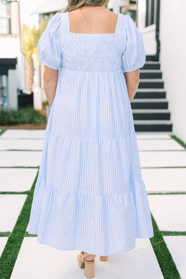 Chic Soul plus size clothing, blue striped maxi dress with bubble sleeves and a square neckline 
