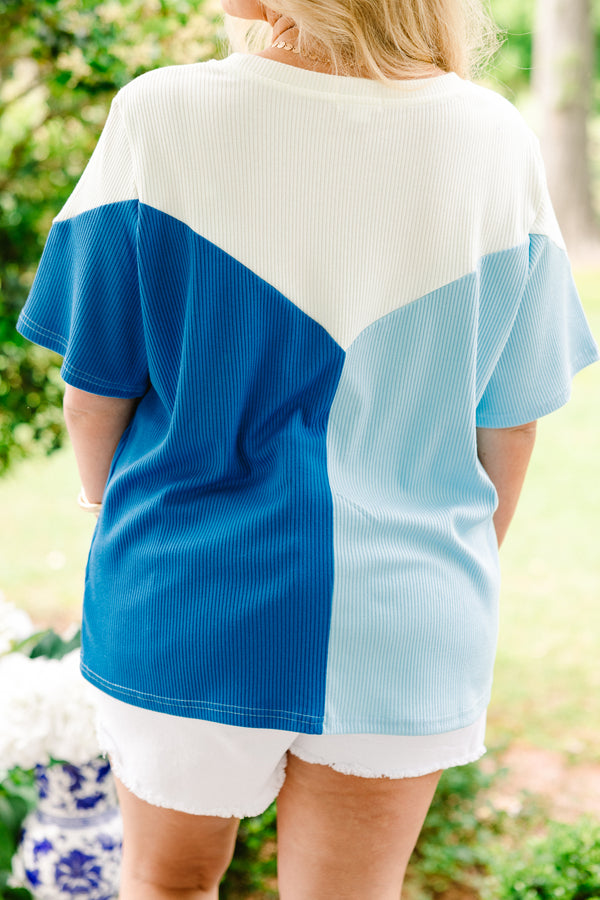 Chic Soul plus size clothing, color blocked white and baby blue and Prussian blue short sleeve crewneck ribbed basic top 