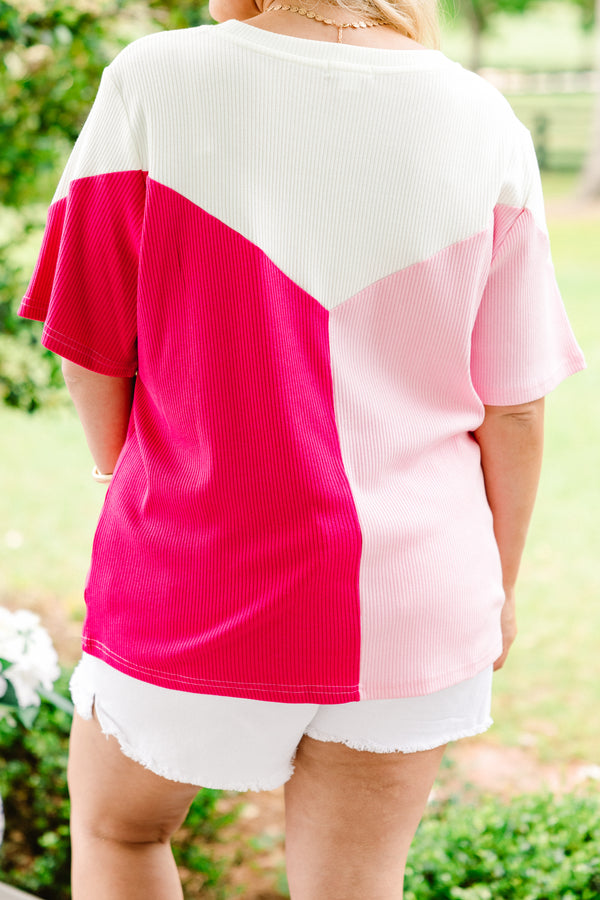 Chic Soul plus size clothing, color blocked white and baby pink and hot pink short sleeve rounded neckline ribbed basic top 