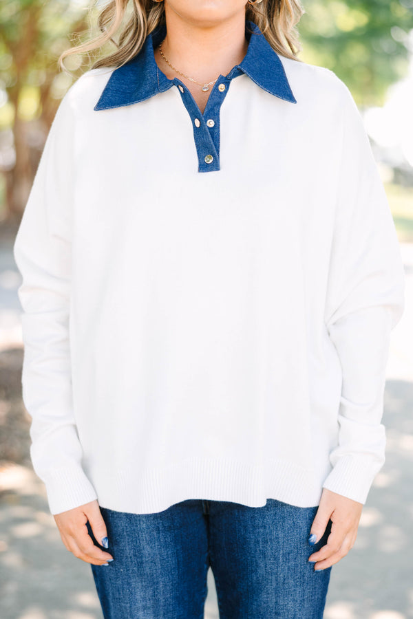 Plus size ivory sweater with a denim collar and button placket, featuring a soft, relaxed fit.
