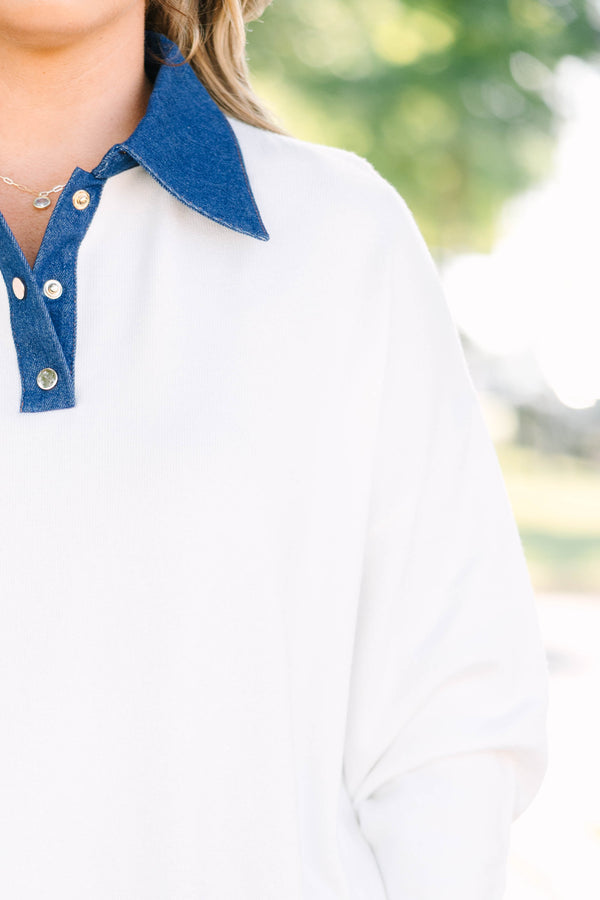 Plus size ivory sweater with a denim collar and button placket, featuring a soft, relaxed fit.