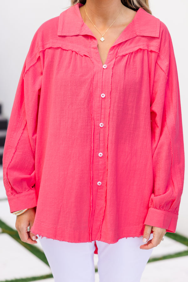 Chic Soul plus size clothing, long-sleeve slightly frayed oversized button-up blouse in a vibrant bubblegum pink color with a lightweight slightly crinkled texture and a collared neckline and white buttons running down the front