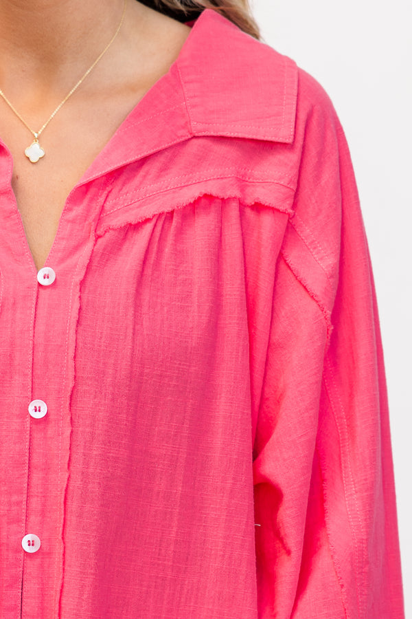 Chic Soul plus size clothing, long-sleeve slightly frayed oversized button-up blouse in a vibrant bubblegum pink color with a lightweight slightly crinkled texture and a collared neckline and white buttons running down the front