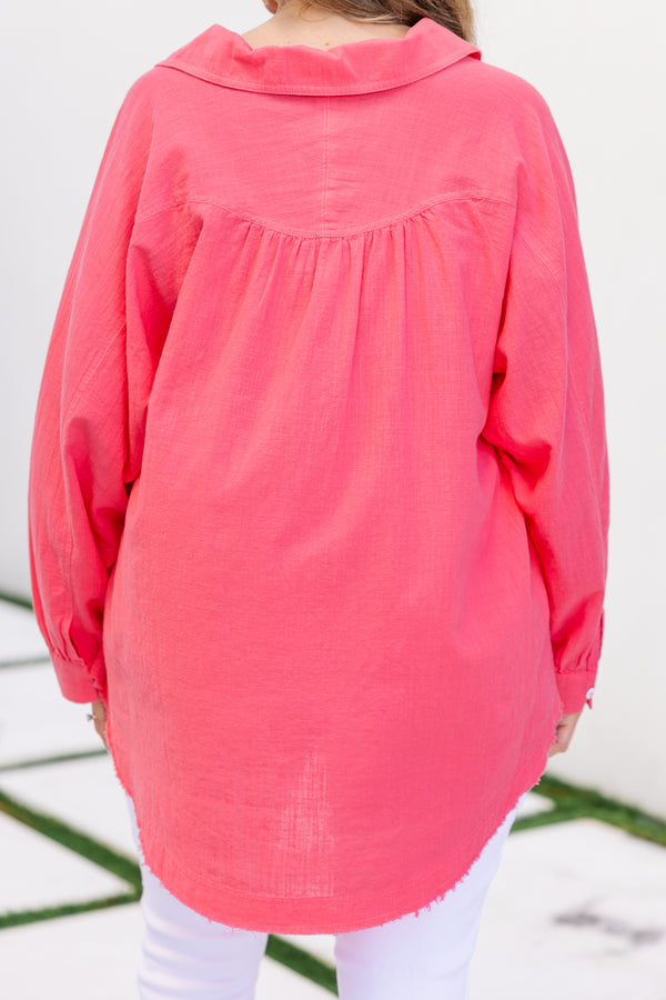 Chic Soul plus size clothing, long-sleeve slightly frayed oversized button-up blouse in a vibrant bubblegum pink color with a lightweight slightly crinkled texture and a collared neckline and white buttons running down the front