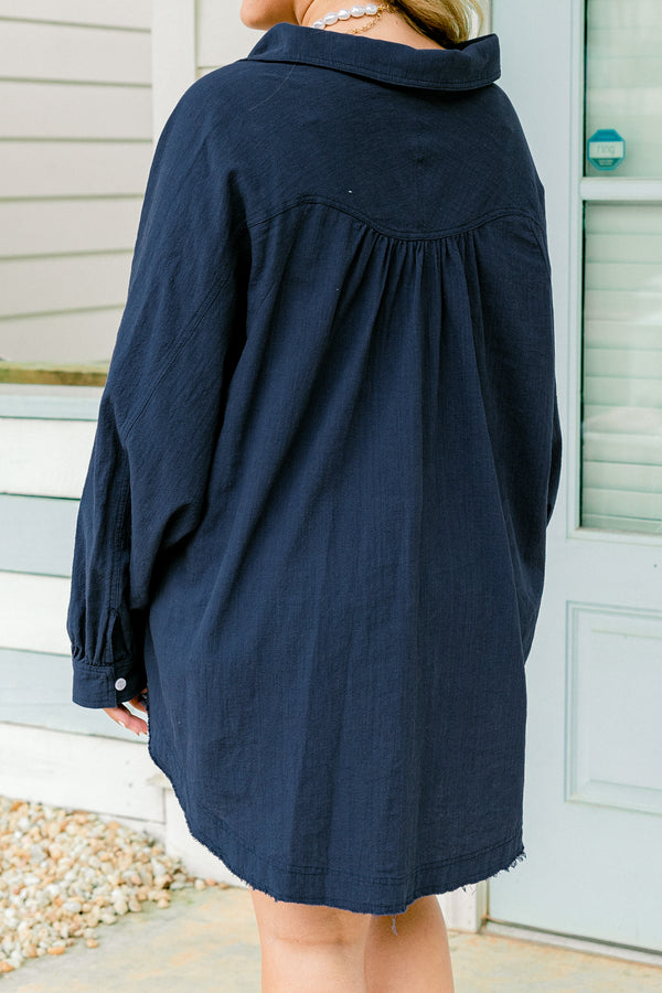 Chic Soul plus size clothing, navy blue long sleeve collared shirt with white buttons down the front