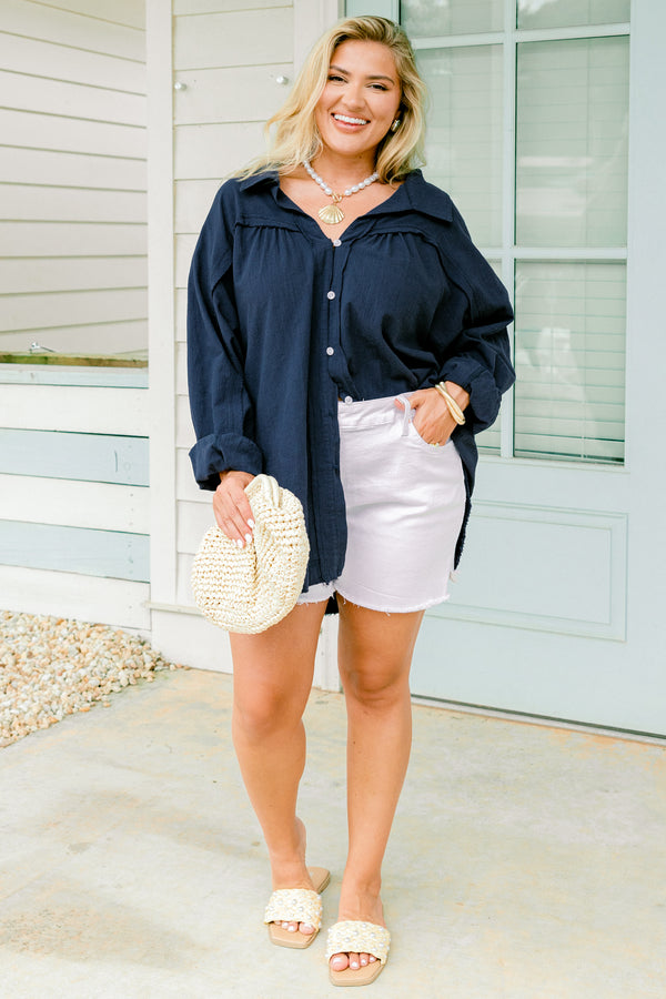 Chic Soul plus size clothing, navy blue long sleeve collared shirt with white buttons down the front