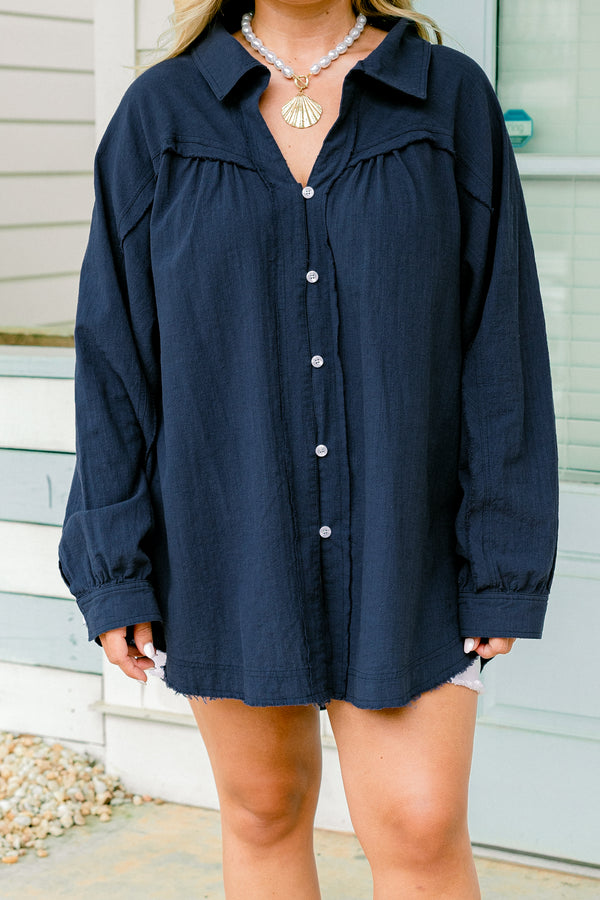 Chic Soul plus size clothing, navy blue long sleeve collared shirt with white buttons down the front