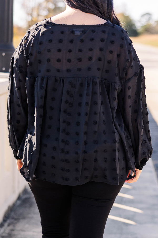 Chic Soul plus size clothing, black swiss dotted flowy top with bubble sleeves
