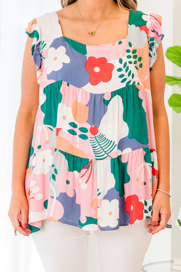 Chic Soul plus size clothing, pink large floral multi print short sleeve top with tier detail and ruffle on sleeves
