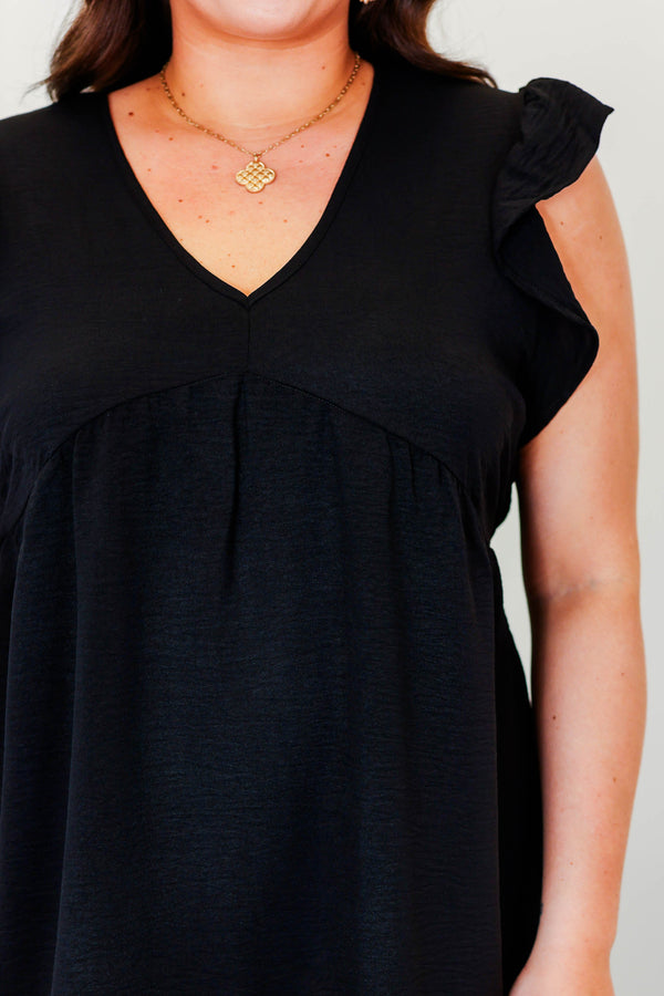 Chic Soul plus size clothing, black babydoll style top with v-neckline and flutter sleeves