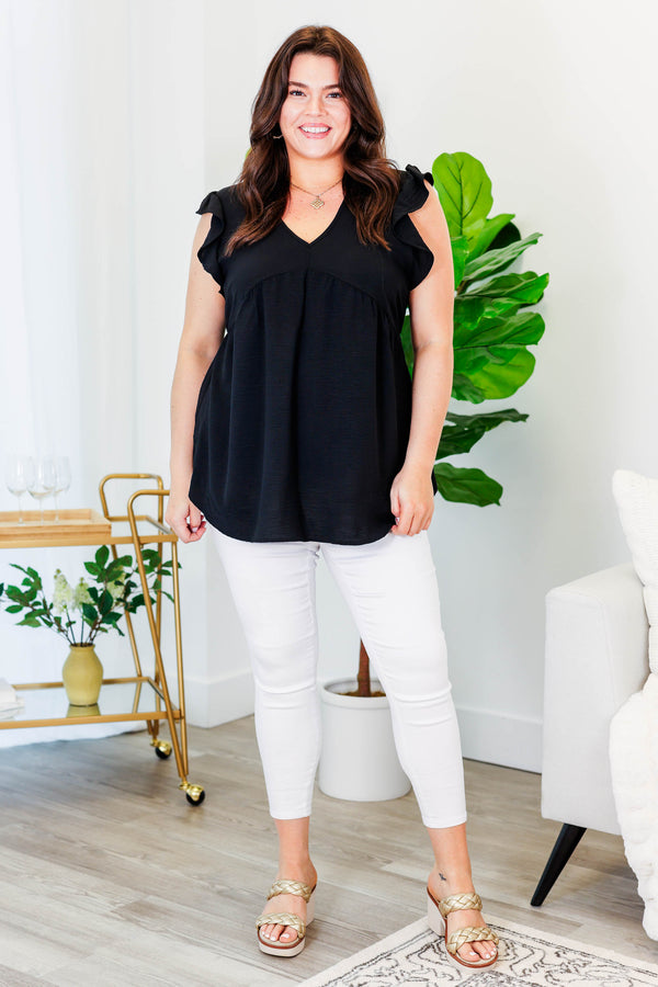 Chic Soul plus size clothing, black babydoll style top with v-neckline and flutter sleeves