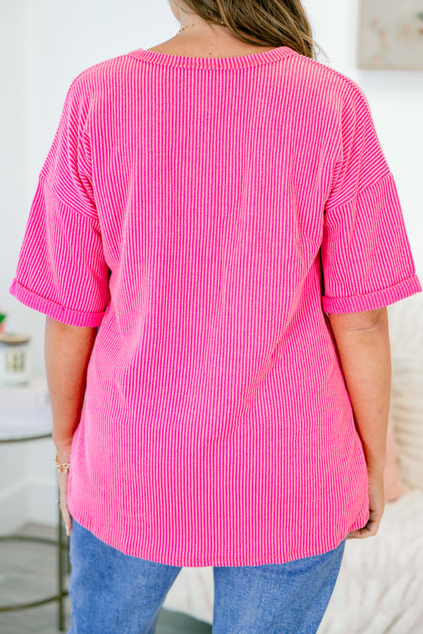 Chic Soul plus size clothing, short sleeve hot pink ribbed top with v-neckline and cuffed sleeves