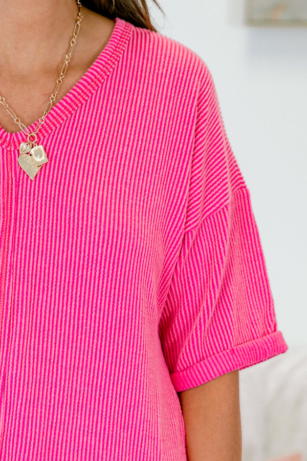 Chic Soul plus size clothing, short sleeve hot pink ribbed top with v-neckline and cuffed sleeves