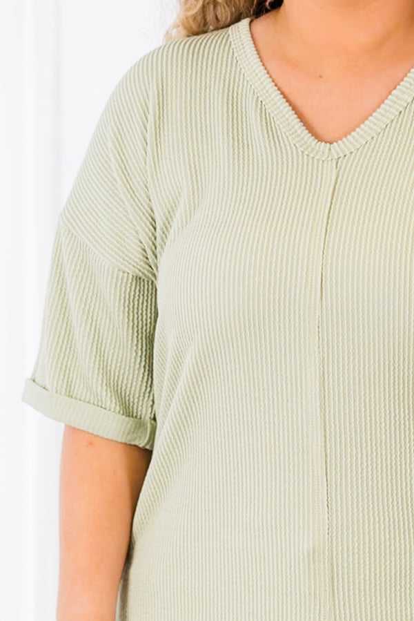 Chic Soul plus size clothing, light sage short sleeve ribbed knit top with v neckline