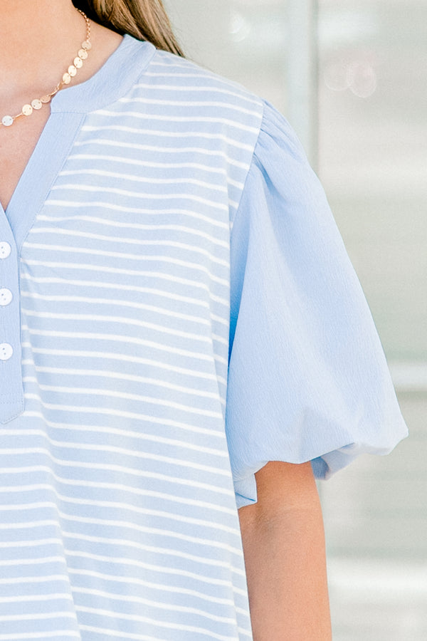 Chic Soul plus size clothing, blue short sleeve top with puff sleeves and white stripe body with v button up neckline 