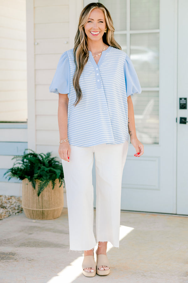 Chic Soul plus size clothing, blue short sleeve top with puff sleeves and white stripe body with v button up neckline 