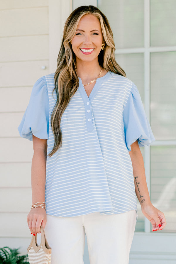 Chic Soul plus size clothing, blue short sleeve top with puff sleeves and white stripe body with v button up neckline 