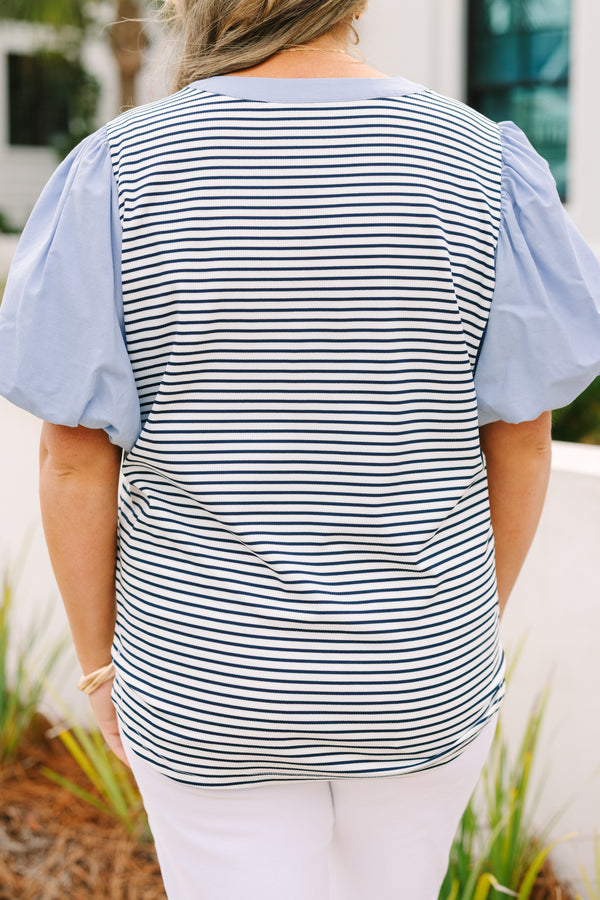 Chic Soul plus size clothing, black and white thin horizontal stripe top with light blue trim and puff sleeves with button up collar