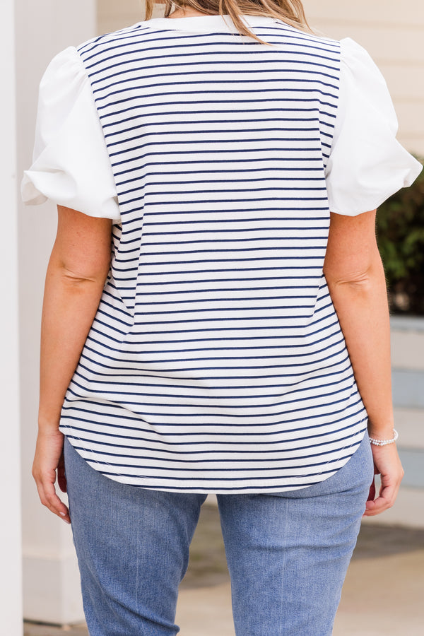 Chic Soul plus size clothing, off-white and black striped top with v-neckline and off-white puffed short sleeves 