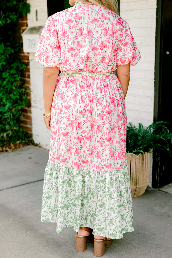 Chic Soul plus size clothing, pink floral short-bubble sleeve button-up ruffle collar maxi dress with green floral blocking at collar and bottom of dress plus a green floral waist tie