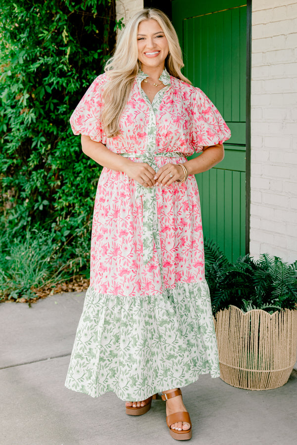 Chic Soul plus size clothing, pink floral short-bubble sleeve button-up ruffle collar maxi dress with green floral blocking at collar and bottom of dress plus a green floral waist tie