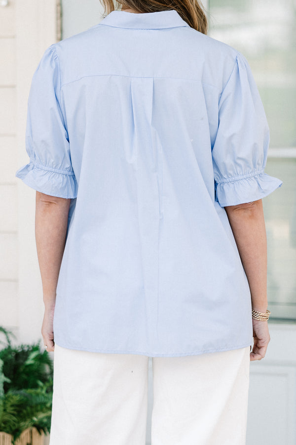 Chic Soul plus size clothing, blue button up short sleeve top with collar and puff sleeve detail with hidden button detail