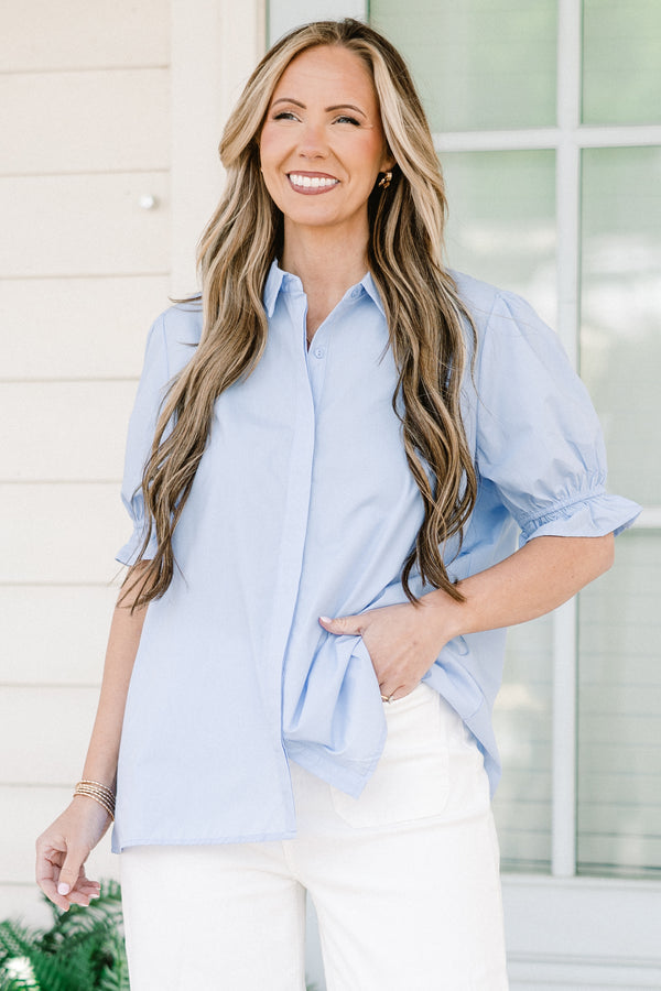 Chic Soul plus size clothing, blue button up short sleeve top with collar and puff sleeve detail with hidden button detail