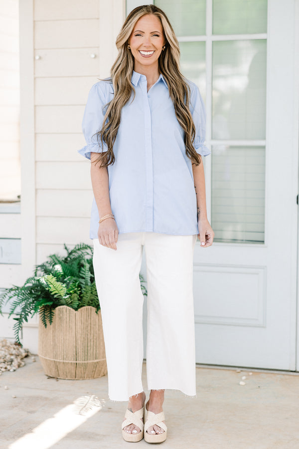 Chic Soul plus size clothing, blue button up short sleeve top with collar and puff sleeve detail with hidden button detail