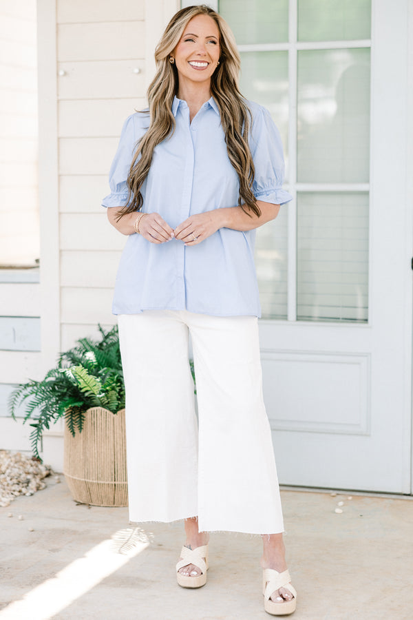 Chic Soul plus size clothing, blue button up short sleeve top with collar and puff sleeve detail with hidden button detail