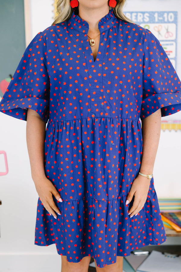 Plus size navy babydoll dress with red apple pattern