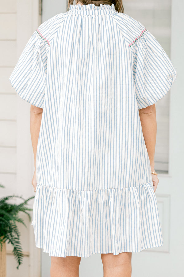 Chic Soul plus size clothing, Blue stripe short dress with various floral prints and bubble sleeves 
