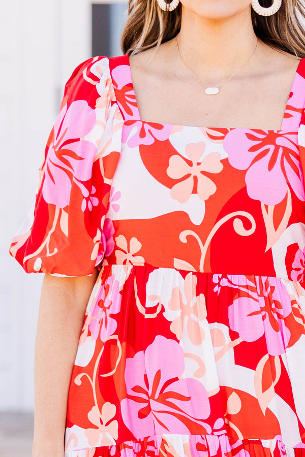 Chic Soul plus size clothing, red combo midi dress with square neck and short puff sleeves with red/pink/white floral print