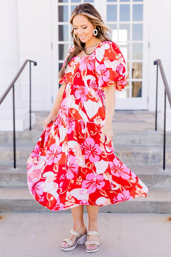 Chic Soul plus size clothing, red combo midi dress with square neck and short puff sleeves with red/pink/white floral print