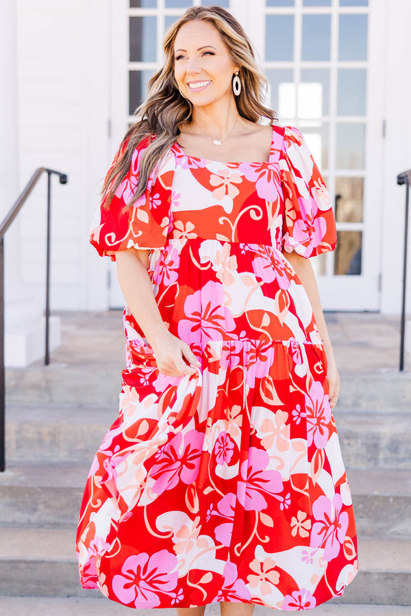 Chic Soul plus size clothing, red combo midi dress with square neck and short puff sleeves with red/pink/white floral print