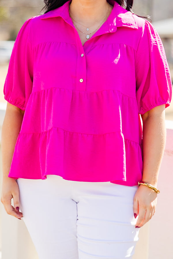 Chic Soul plus size clothing, fuchsia babydoll tio with collar, three buttons, and elastic band on sleeves