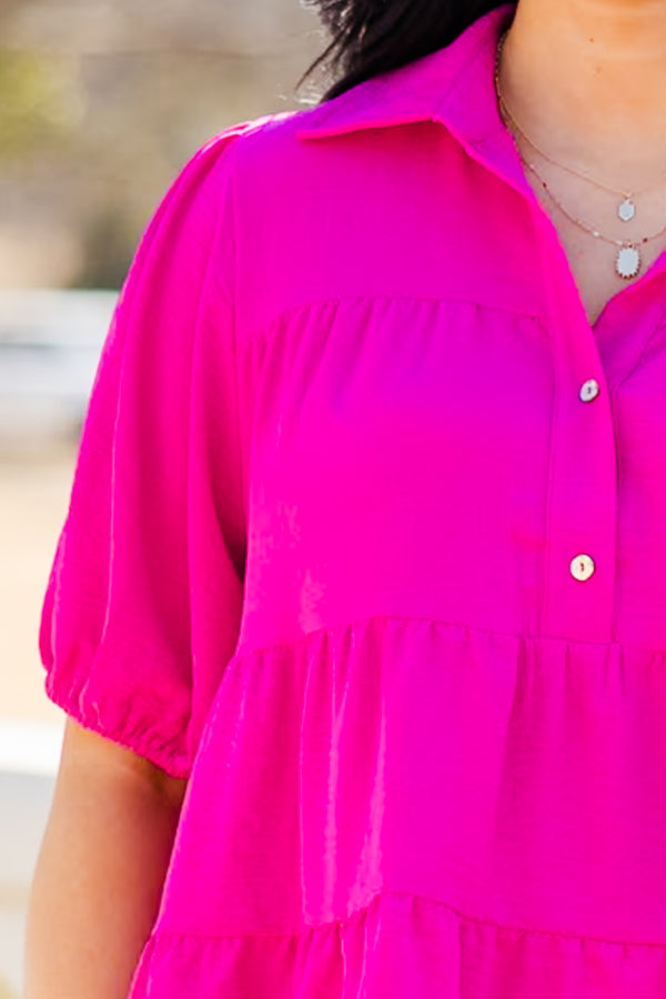 Chic Soul plus size clothing, fuchsia babydoll tio with collar, three buttons, and elastic band on sleeves