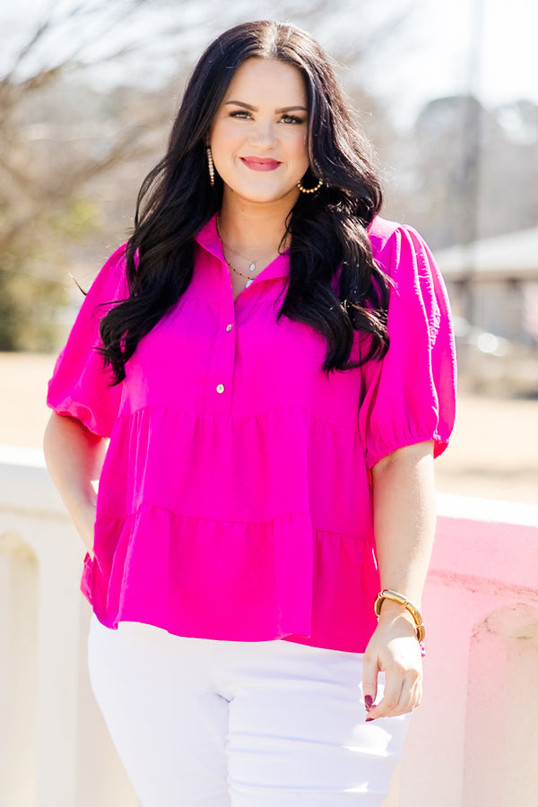 Chic Soul plus size clothing, fuchsia babydoll tio with collar, three buttons, and elastic band on sleeves