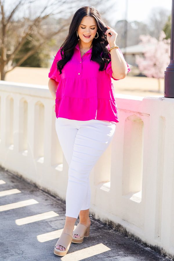Chic Soul plus size clothing, fuchsia babydoll tio with collar, three buttons, and elastic band on sleeves