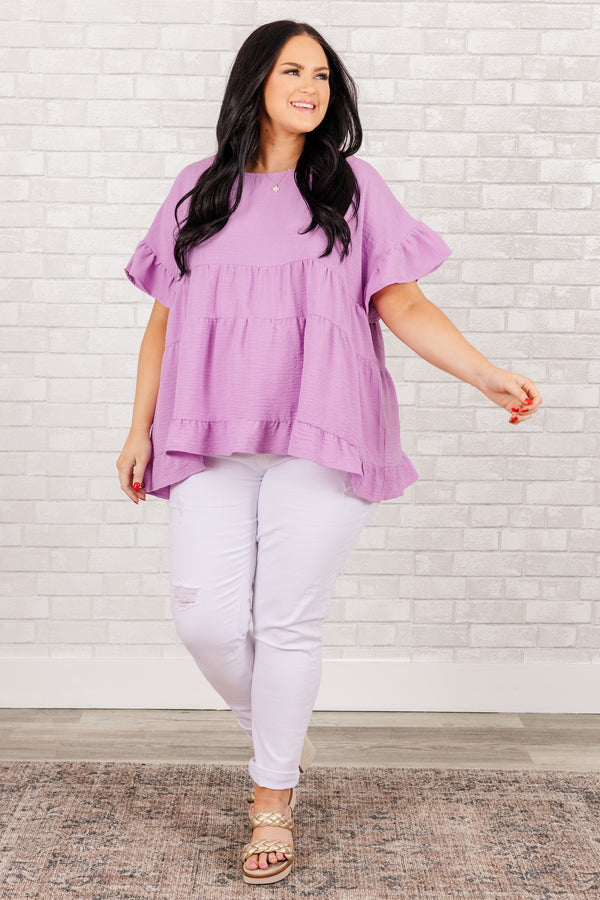 Chic Soul plus size clothing, short sleeve lilac ruffled baby doll top