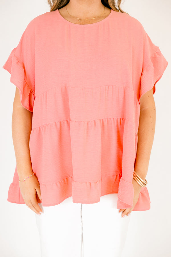 Chic Soul plus size clothing, pink tiered top with short sleeves that have a ruffle detail 

